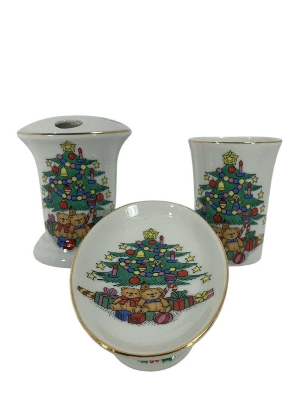 Christmas Bathroom Accessory Set Vintage Nikko 3piece Porcelain Holiday 1980s